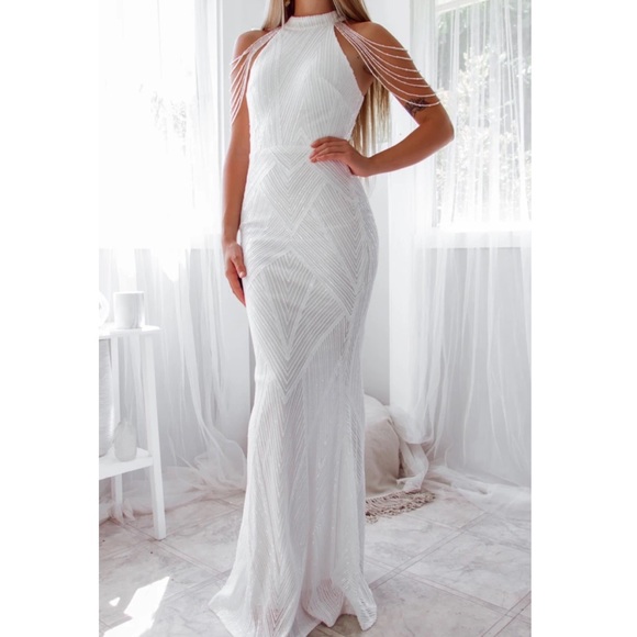 White Sequin dress with Bead Detail Shoulder - Picture 3 of 12